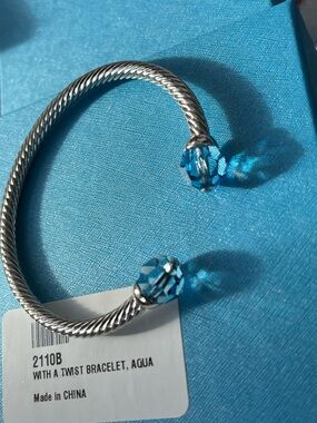Swarovski TSC Aquamarine Twisted Silver Open Cuff Bracelet